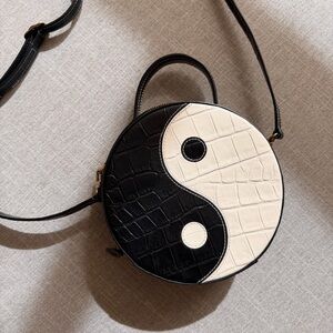 STAUD Black and Cream Yin Yang Croc-Embossed Crossbody Bag